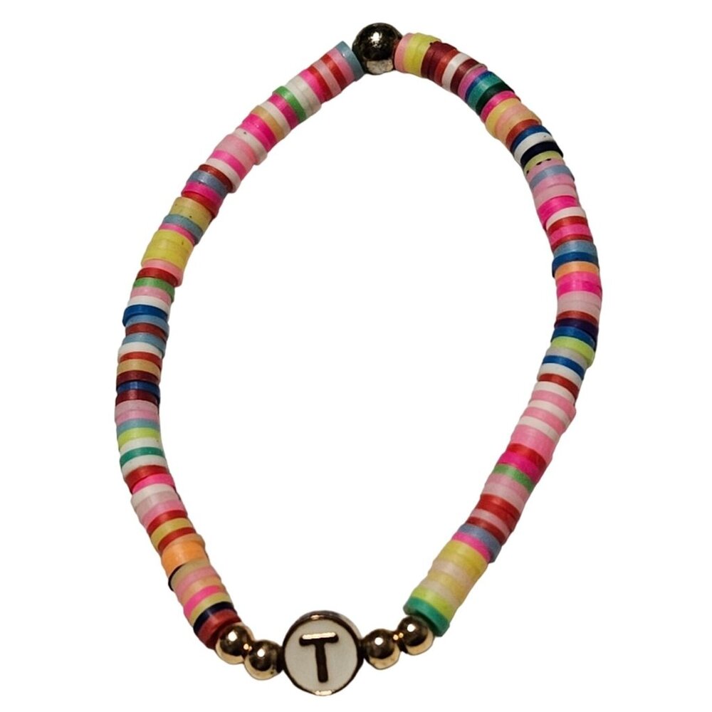 Boho Rainbow Disc Beads Stretch Bracelet Initial T Charm Fashion Jewelry Women